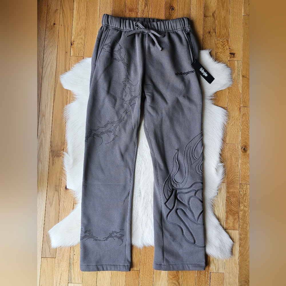 NWT Civil Regime Bad Bih Rhinestone Wide Leg Fleece Pants In Vintage Ashes
